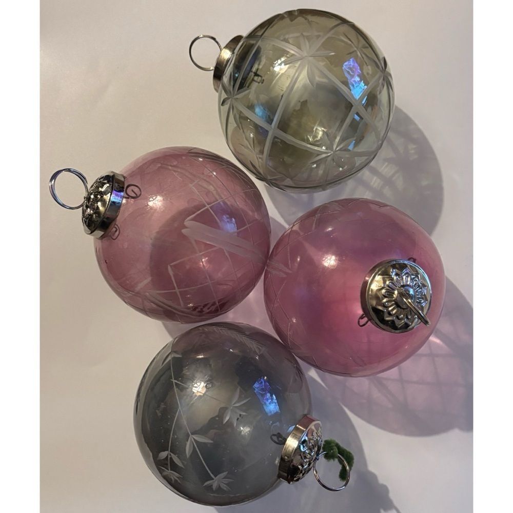 Vintage Pottery Barn Etched Glass Large Holiday Ornaments Set of 4